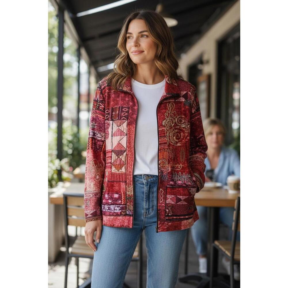 Spa by Chico's‎ Red Patterned Zip-Up Jacket